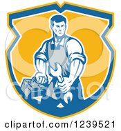 Poster, Art Print Of Retro Repair Man Carrying A Wrench And Tool Box In A Shield