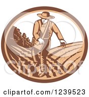Retro Woodcut Farmer Sowing Seeds In An Oval