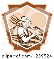 Poster, Art Print Of Retro Woodcut Male Farmer With A Pitchfork And Mountains In A Shield