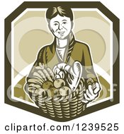 Poster, Art Print Of Retro Woodcut Woman Holding A Basket Of Harvest Foods And Bread