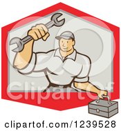 Poster, Art Print Of Cartoon Handy Man With A Wrench And Tool Box In Shield