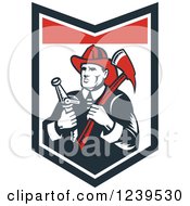 Clipart Of A Retro Woodcut Fireman Holding An Axe And Hose In A Shield Royalty Free Vector Illustration