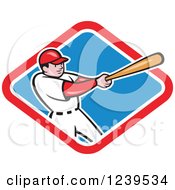 Poster, Art Print Of Cartoon Baseball Player Batter Swinging In A Red White And Blue Diamond