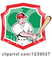 Poster, Art Print Of Cartoon Baseball Player Batter Swinging In A Red White And Green Shield
