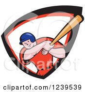 Poster, Art Print Of Cartoon Baseball Player Batter Swinging In A Red White And Black Shield
