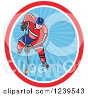 Cartoon Hockey Player In An Oval Of Blue Rays
