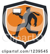 Poster, Art Print Of Silhoutted Computer Repair Man Running With A Laptop In An Orange Shield