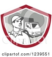 Clipart Of A Retro Delivery Man And Truck In A Shield Royalty Free Vector Illustration