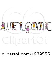 Clipart Of Diverse Stick Kids Playing On The Word WELCOME Royalty Free Vector Illustration