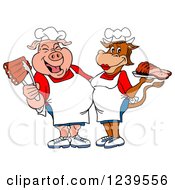 Male Chef Pig Holding Ribs And Female Chef Cow Holding Brisket