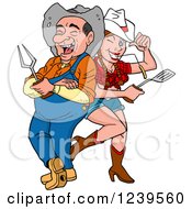 Old Country Hick Man And Young Cowgirl With A Bbq Fork And Spatula