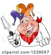 Clipart Of A Joker Pig Chef Holding A Bbq Fork Royalty Free Vector Illustration
