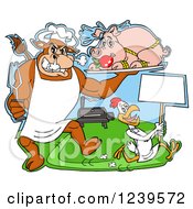 Poster, Art Print Of Chef Bull Holding A Stuffed Pig On A Platter Over A Chicken With A Sign By A Bbq Grill