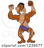 Clipart Of An African American Bodybuilder Muscle Man Flexing Royalty Free Vector Illustration