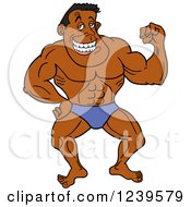Clipart Of An African American Bodybuilder Muscle Man Flexing A Bicep Royalty Free Vector Illustration by LaffToon