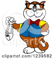 Clipart Of A Bespectacled Cat Holding A Fishbone Royalty Free Vector Illustration