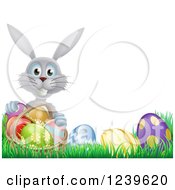 Poster, Art Print Of Happy Gray Easter Bunny With A Basket And Eggs In Grass