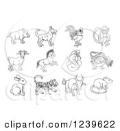 Poster, Art Print Of Black And White Outlined Chinese Zodiac Animals