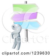 Poster, Art Print Of 3d Silver Man Looking Up At Colorful Crossroads Signs