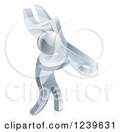 Clipart Of A 3d Worker Silver Man Carrying A Giant Adjustable Wrench Royalty Free Vector Illustration