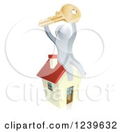 Poster, Art Print Of 3d Silver Man Holding Up A Key On Top Of A House