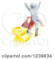 Poster, Art Print Of 3d Silver Man Cheering On A House By A Percent Symbol