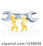 Clipart Of A 3d Team Of Gold Men Carrying A Giant Spanner Wrench Royalty Free Vector Illustration