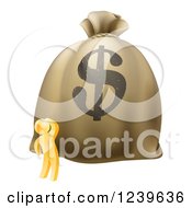 Clipart Of A 3d Gold Man Looking Up At A Big Dollar Money Bag Royalty Free Vector Illustration