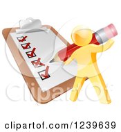 Clipart Of A 3d Gold Man Filling Out A Survey On A Giant Clipboard Royalty Free Vector Illustration