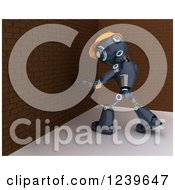 Poster, Art Print Of 3d Blue Android Robot Ready To Demolish A Brich Wall