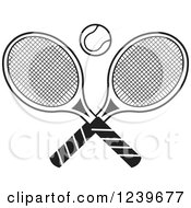 Clipart Of Black And White Crossed Tennis Racquets And A Ball Royalty Free Vector Illustration