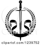 Clipart Of A Black And White Sword And Banner In A Laurel Wreath Royalty Free Vector Illustration