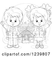 Poster, Art Print Of Black And White School Boy And Girl Waving By A Building