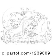 Clipart Of A Black And White Boy Playing At Bed Time Royalty Free Vector Illustration