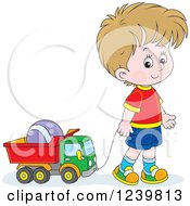 Poster, Art Print Of Dirty Blond Caucasian Boy Playing With A Dump Truck Toy