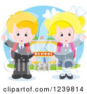 Poster, Art Print Of Blond School Boy And Girl Waving By A Building