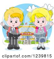 Poster, Art Print Of Blond Caucasian School Boy And Girl Waving By A Building