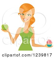 Caucasian Woman Holding A Cupcake And Green Apple