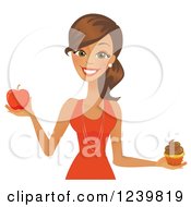 Brunette Woman Holding A Cupcake And Red Apple