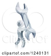 Clipart Of A 3d Silver Man Carrying A Giant Spanner Wrench Royalty Free Vector Illustration
