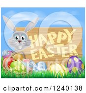 Clipart Of A Happy Easter Sign With A Gray Rabbit And Eggs Against Blue Sky Royalty Free Vector Illustration