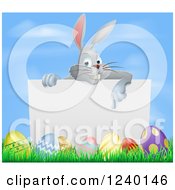 Poster, Art Print Of Gray Bunny Pointing Down To A Sign With Grass And Easter Eggs