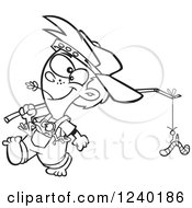 Clipart Of A Black And White Country Boy Carrying A Worm On A Stick And A Frog In His Pocket Royalty Free Vector Illustration by toonaday