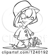 Clipart Of A Black And White Happy Girl Walking Through A Puddle Royalty Free Vector Illustration