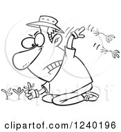 Clipart Of A Black And White Mad Man Pulling Weeds Royalty Free Vector Illustration