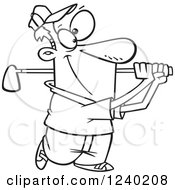 Clipart Of A Black And White Happy Man Swinging A Golf Club Royalty Free Vector Illustration by toonaday
