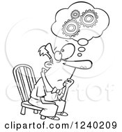 Clipart Of A Black And White Gear Head Man Sitting And Thinking Royalty Free Vector Illustration