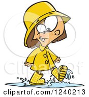 Clipart Of A Happy Caucasian Girl Walking Through A Puddle Royalty Free Vector Illustration