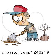 Caucasian Boy Digging A Hole To Plant A Tree On Arbor Day