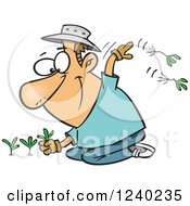 Clipart Of A Happy Caucasian Man Pulling Weeds Royalty Free Vector Illustration